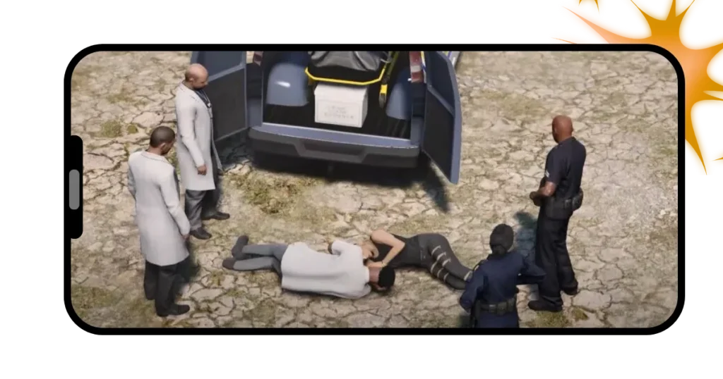 GTA Mzansi APK 21 Screenshot of two murdered people in GTA with two doctors and two police official standing around them.