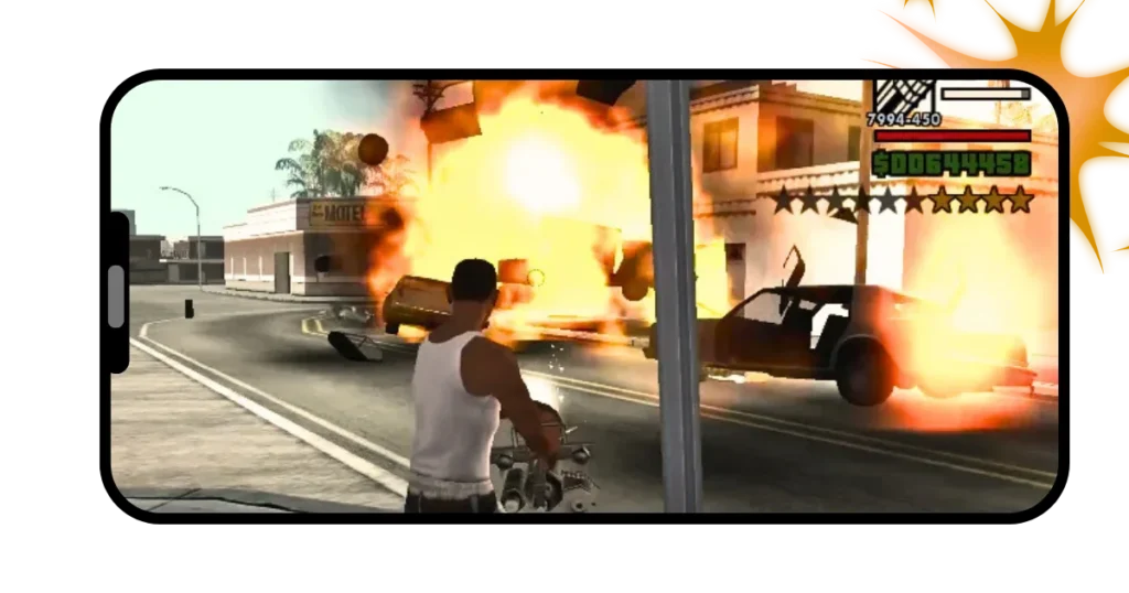 GTA Mzansi APK 19 Picture of a criminal blowing up cars with gun and causing huge explosions