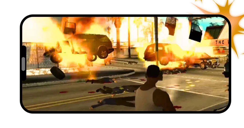 GTA Mzansi APK 5 Screenshot of a criminal blowing up cars with gun