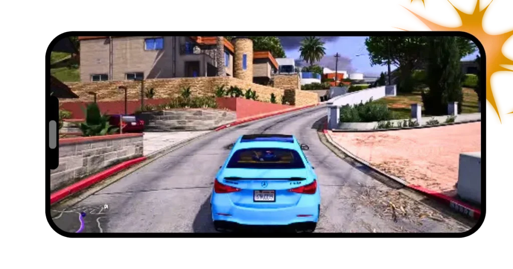 GTA Mzansi APK 8 Picture of a car passing through residential areas, depicting rich culture of SA