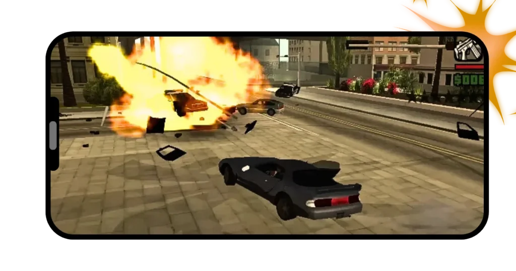 GTA Mzansi APK 18 Screenshot of an explosion near a car on the roadside