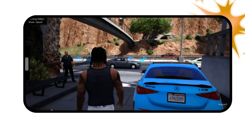 GTA Mzansi APK 10 Screenshot of a gangster and a policeman with some cars