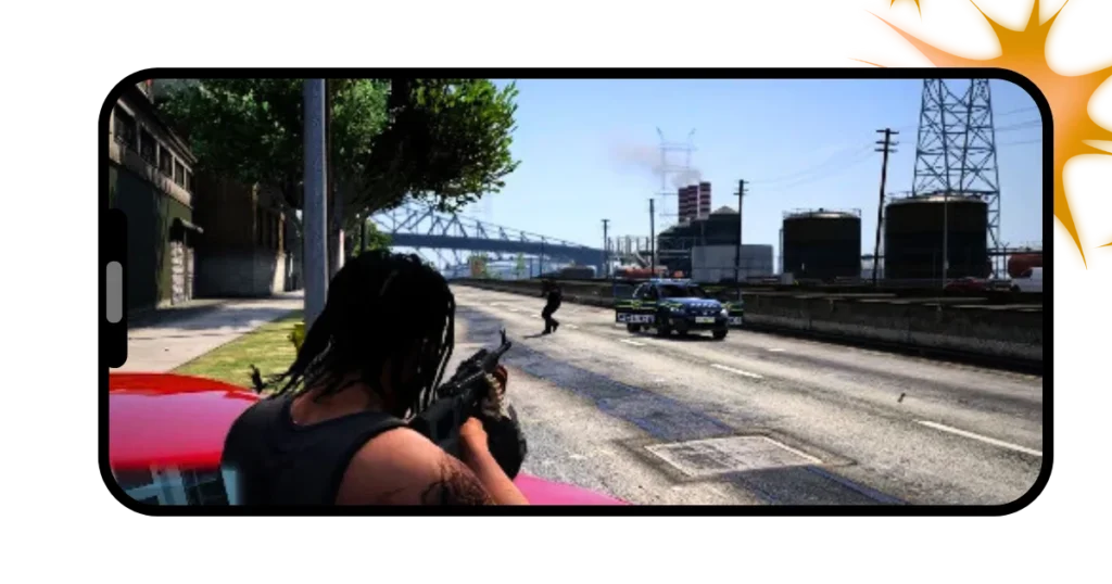 GTA Mzansi APK 20 Screenshot of a criminal shooting a policeman