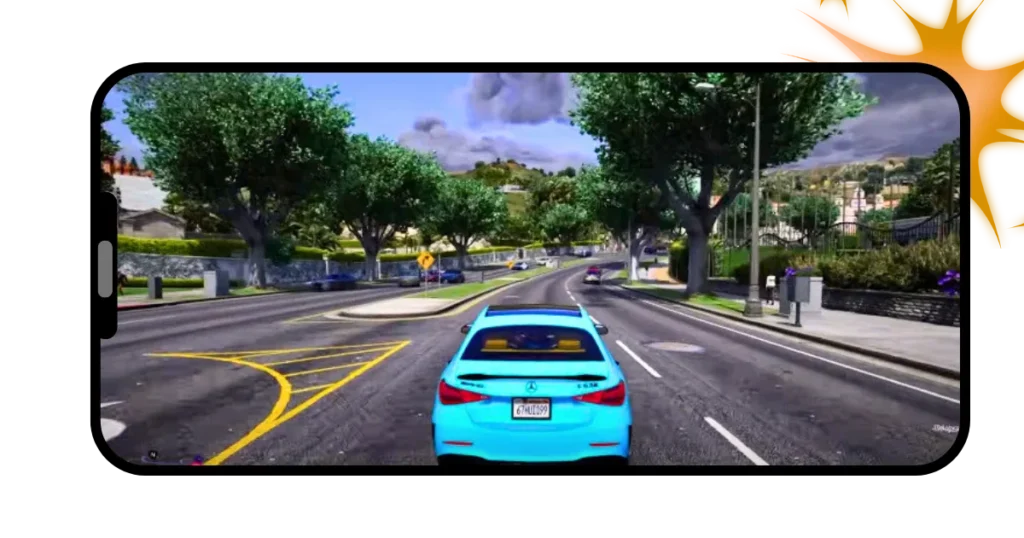 GTA Mzansi APK 24 Picture of a road with vehicles in lush green area of Mzansi, showing natural beauty of the city