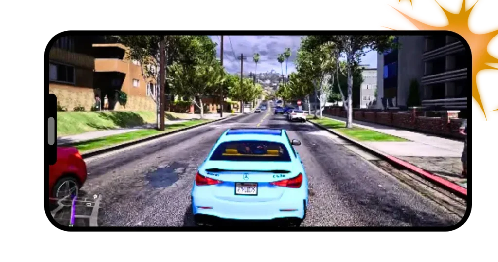 GTA Mzansi APK 17 Realistic graphics of the GTA showing city road with cars on it and sidelined by buildings and trees