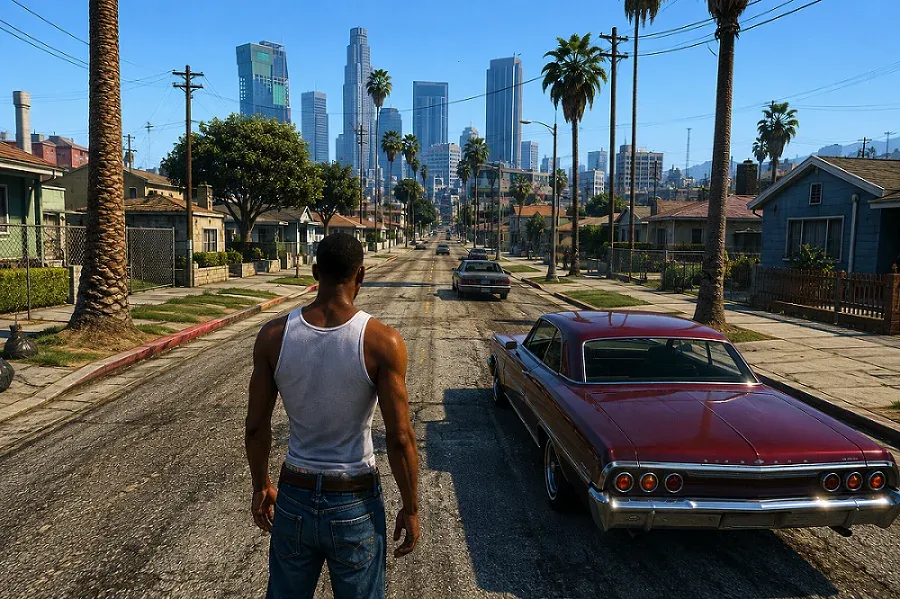 GTA Mzansi OBB File Error 1 In GTA Mzansi Obb File Error, a man stands on a street in an urban area, facing tall buildings in the background. Palm trees line the street, and a red classic car is parked nearby.