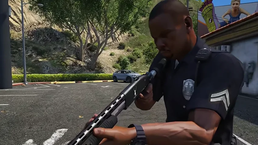 In a screenshot of GTA 5 Mzansi, a police officer in a dark blue uniform holds a shotgun in a parking lot with a hilly background and a billboard featuring a person in the distance.