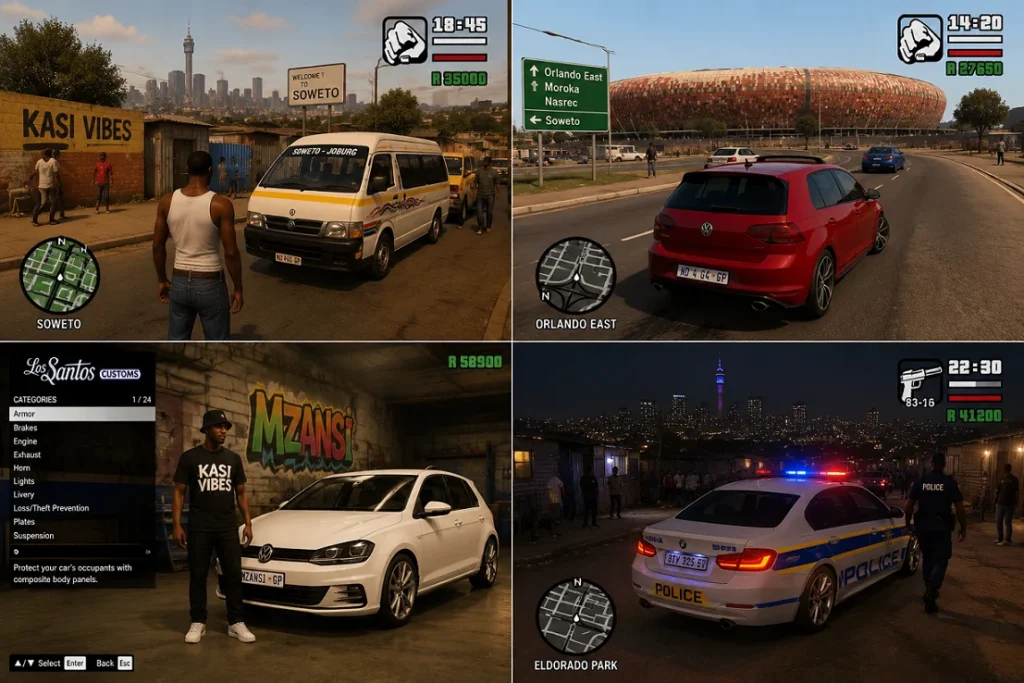 A collage of four images from a video game showing GTA Kasi Vibes views. The scenes show different locations with various vehicles, characters, and backgrounds.