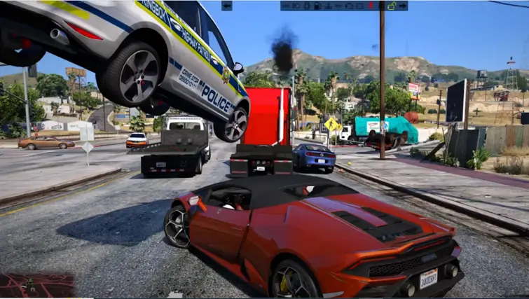 Kasi Vibes 21 A screenshot of GTA Mzansi APK Download in which a red sports car drives along a road while a police vehicle is airborne above a red semi-truck, with other cars and a blue truck visible nearby.