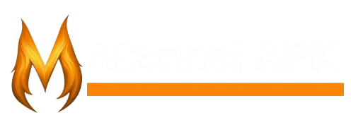 A logo featuring a stylised letter 'M' with a fiery orange flame texture, followed by white text "GTA Mzansi APK" and a horizontal orange line.
