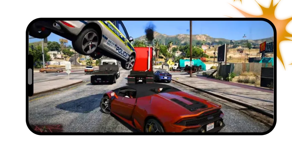 In GTA Mzansi MOD SA, a red sports car drives along a road while a police vehicle is airborne above a red semi-truck, with other cars and a blue truck visible nearby.