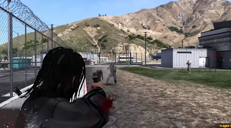 In South Africa Kasi Vibes, a first-person view of a character with dreadlocks aiming a handgun at an opponent in a fenced area with mountains in the background.