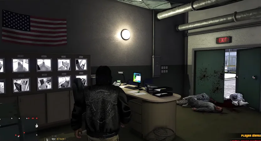 Kasi Vibes 19 A scene showing the GTA kasi vibes action in which there is a person in a dark room with an American flag, a desk with a computer, and several bodies on the floor.